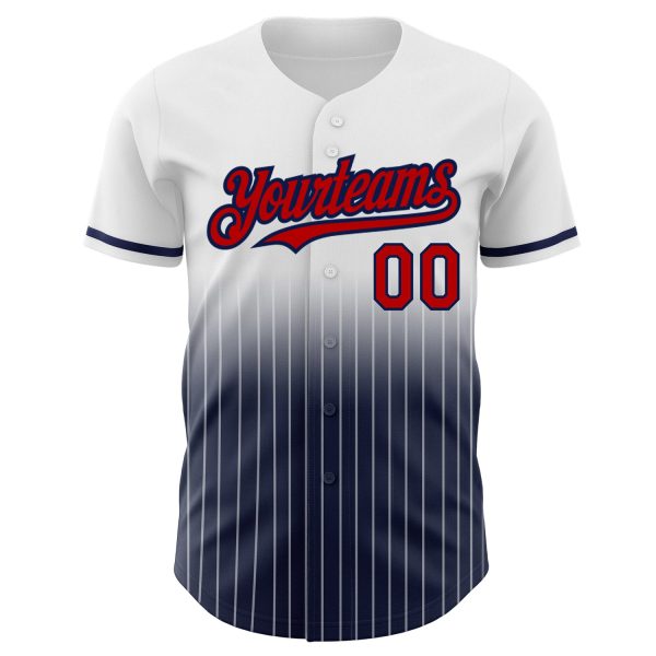 Custom White Pinstripe Red-Navy Authentic Fade Fashion Baseball Jersey - Image 3