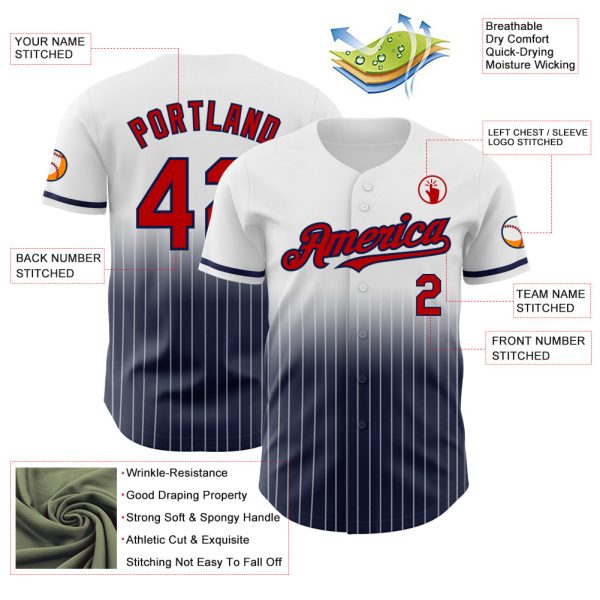 Custom White Pinstripe Red-Navy Authentic Fade Fashion Baseball Jersey - Image 4