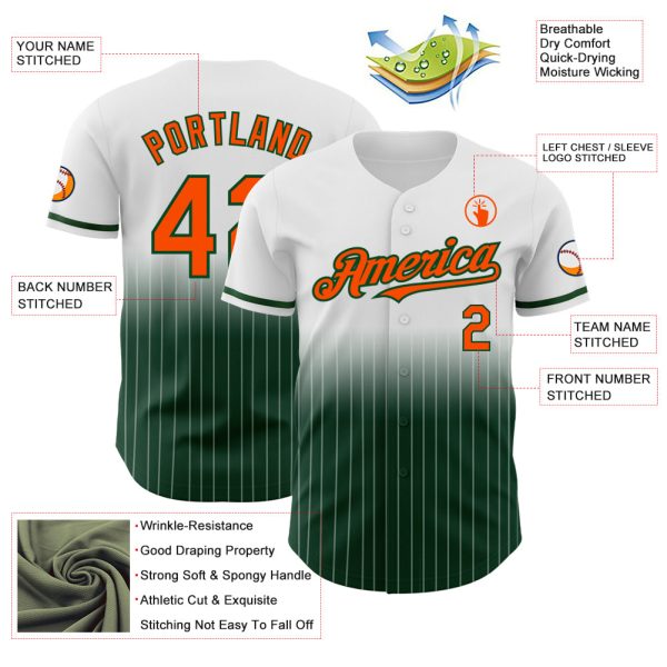 Custom White Pinstripe Orange-Green Authentic Fade Fashion Baseball Jersey - Image 4