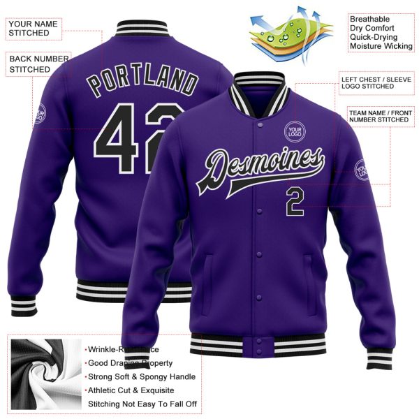 Custom Purple Black-White Bomber Full-Snap Varsity Letterman Jacket - Image 3