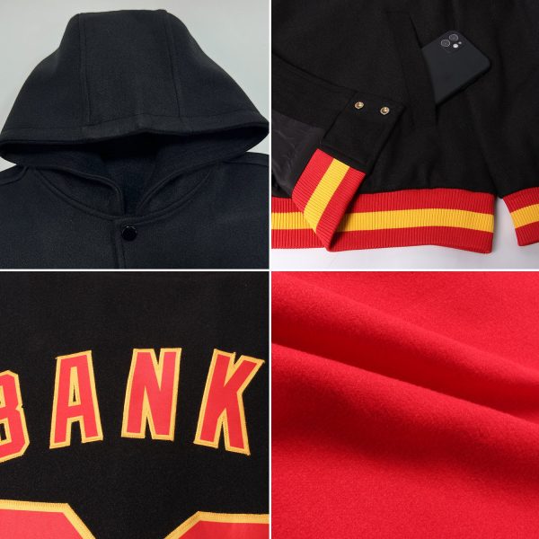 Custom Red Black-White Bomber Full-Snap Varsity Letterman Hoodie Jacket - Image 2