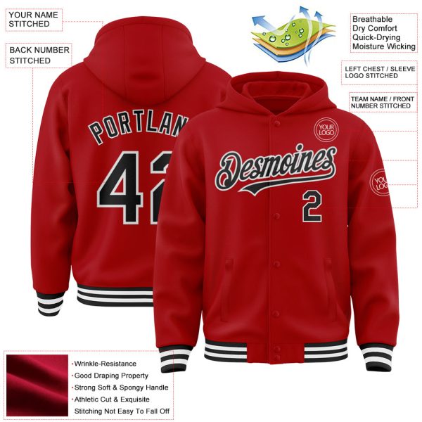 Custom Red Black-White Bomber Full-Snap Varsity Letterman Hoodie Jacket - Image 3