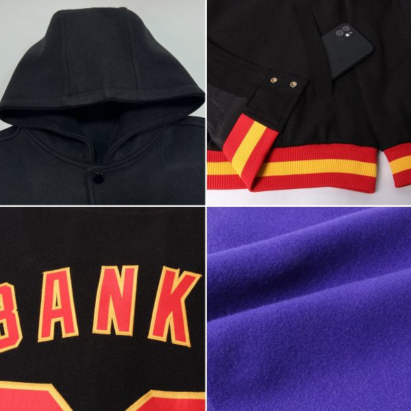Custom Purple Black Cream-Orange Bomber Full-Snap Varsity Letterman Two Tone Hoodie Jacket - Image 2