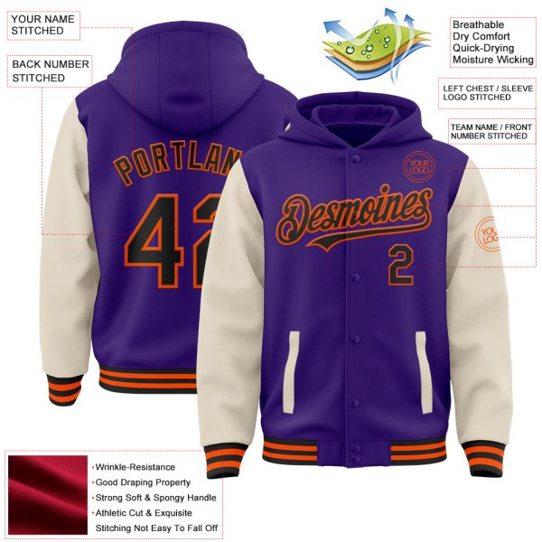 Custom Purple Black Cream-Orange Bomber Full-Snap Varsity Letterman Two Tone Hoodie Jacket - Image 3