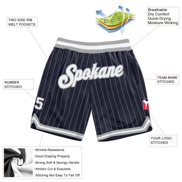 Custom Navy White Pinstripe White-Gray Authentic Basketball Shorts - Image 2