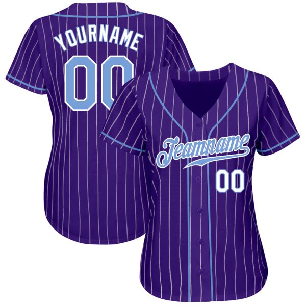 Custom Purple White Pinstripe Light Blue-White Authentic Baseball Jersey - Image 2