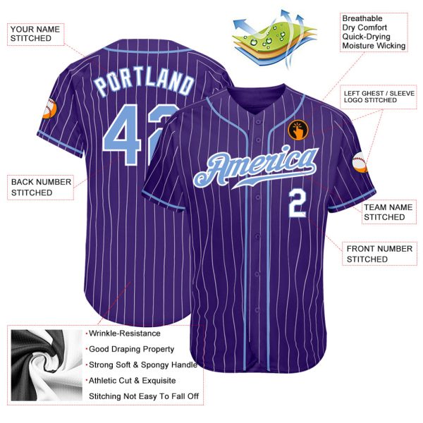 Custom Purple White Pinstripe Light Blue-White Authentic Baseball Jersey - Image 3