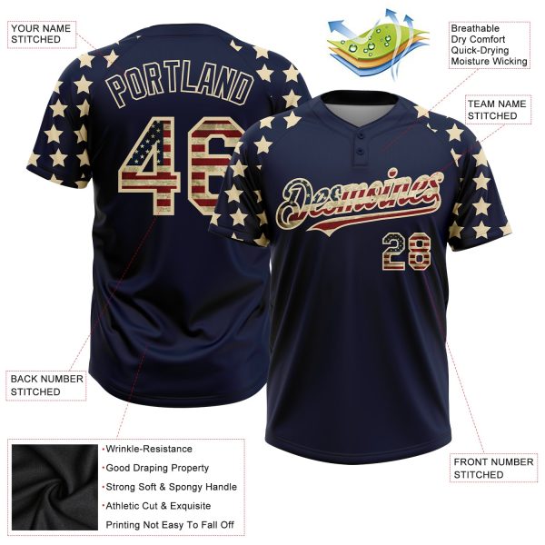 Custom Navy Vintage USA Flag-Cream 3D American Flag Fashion Two-Button Unisex Softball Jersey - Image 3