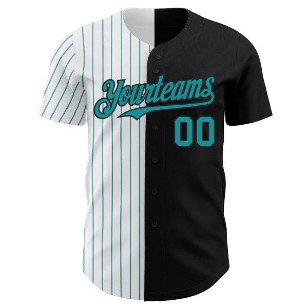 Custom Black White-Teal Pinstripe Authentic Split Fashion Baseball Jersey - Image 2