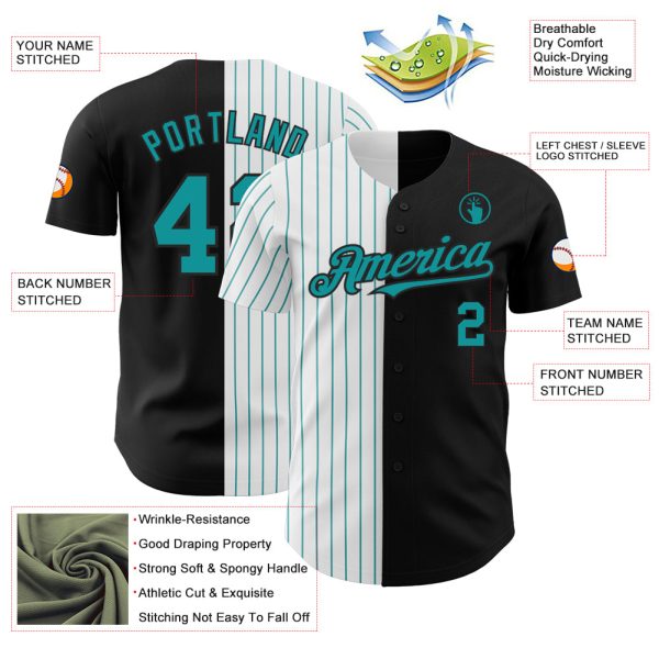 Custom Black White-Teal Pinstripe Authentic Split Fashion Baseball Jersey - Image 3